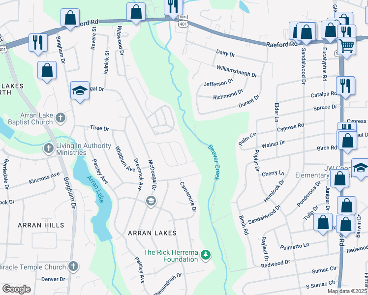 map of restaurants, bars, coffee shops, grocery stores, and more near 5858 Aftonshire Drive in Fayetteville