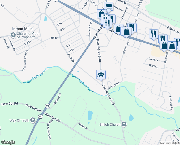 map of restaurants, bars, coffee shops, grocery stores, and more near 1091 Park Road in Inman
