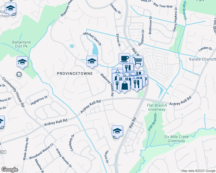 map of restaurants, bars, coffee shops, grocery stores, and more near 8846 Fieldcroft Drive in Charlotte