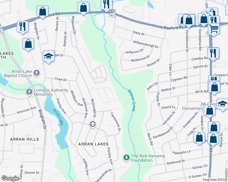 map of restaurants, bars, coffee shops, grocery stores, and more near 5858 Aftonshire Drive in Fayetteville