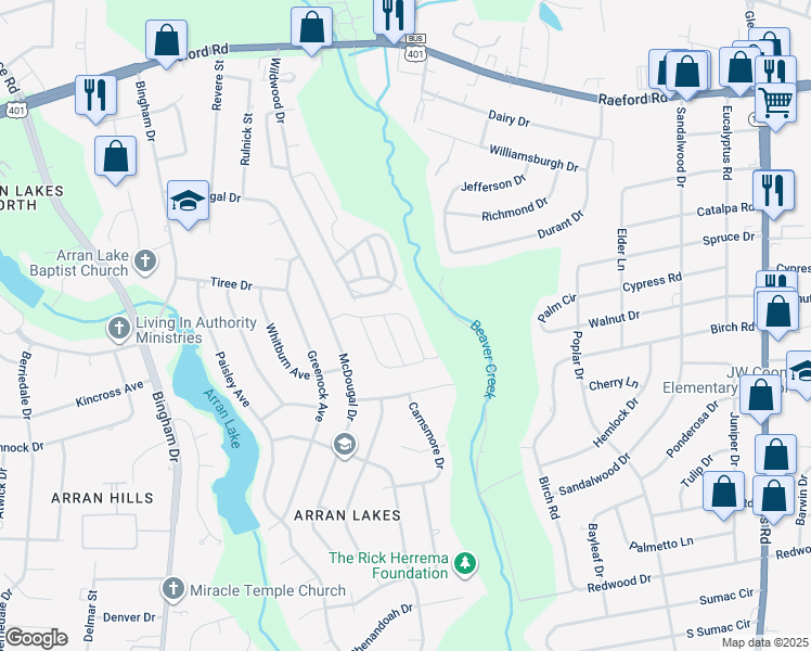 map of restaurants, bars, coffee shops, grocery stores, and more near 5858 Aftonshire Drive in Fayetteville