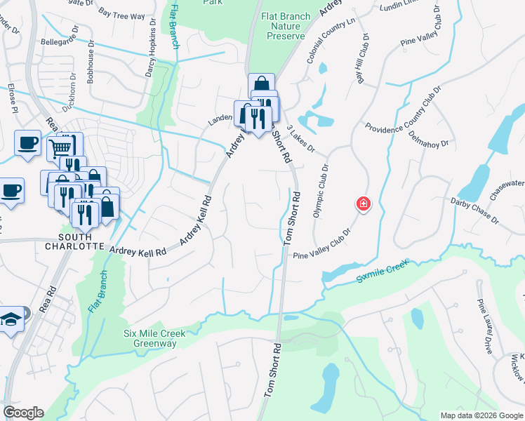 map of restaurants, bars, coffee shops, grocery stores, and more near 12738 Lindrick Lane in Charlotte
