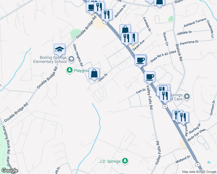 map of restaurants, bars, coffee shops, grocery stores, and more near 253 Giles Drive in Boiling Springs