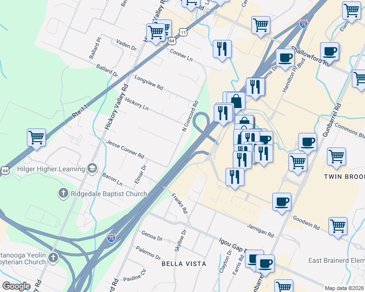 map of restaurants, bars, coffee shops, grocery stores, and more near 6945 Hickory View Lane in Chattanooga