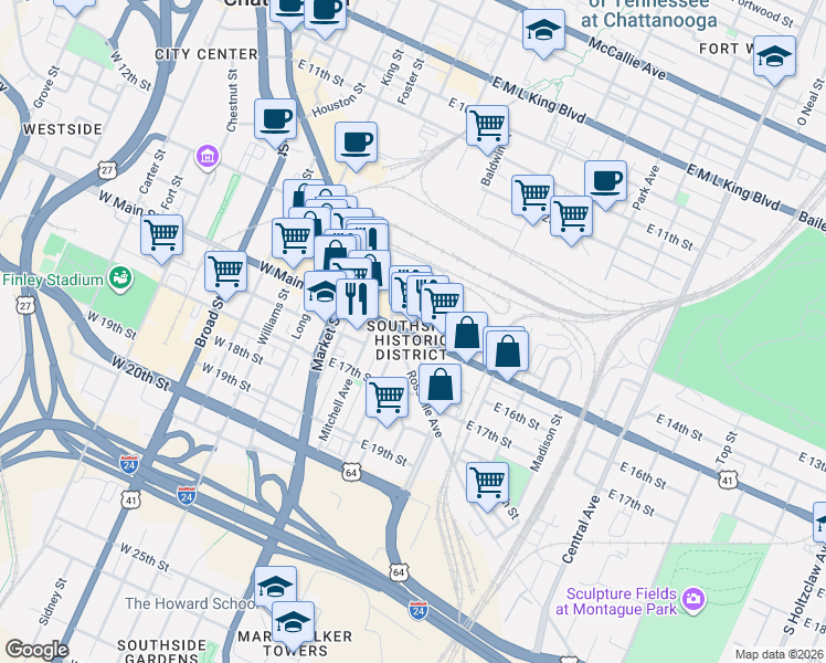 map of restaurants, bars, coffee shops, grocery stores, and more near in Chattanooga