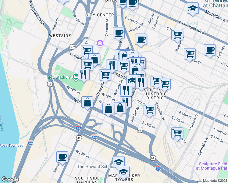 map of restaurants, bars, coffee shops, grocery stores, and more near 221 West 17th Street in Chattanooga