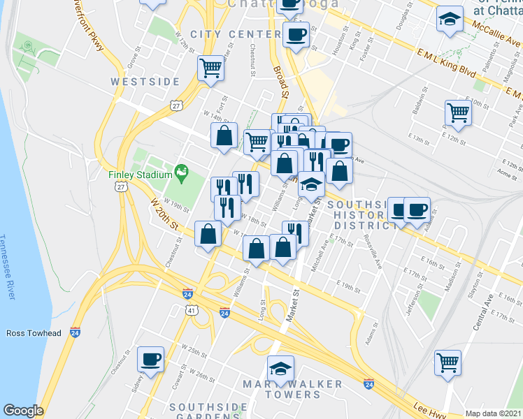 map of restaurants, bars, coffee shops, grocery stores, and more near 221 West 17th Street in Chattanooga