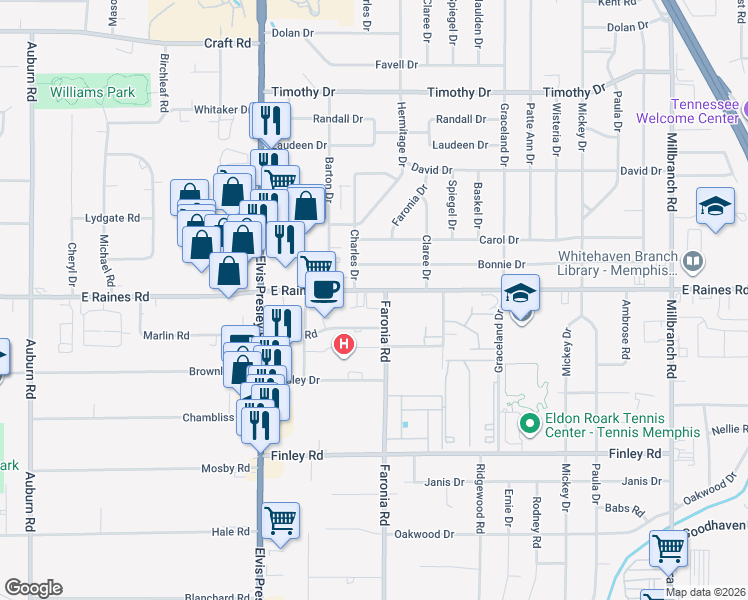 map of restaurants, bars, coffee shops, grocery stores, and more near in Memphis