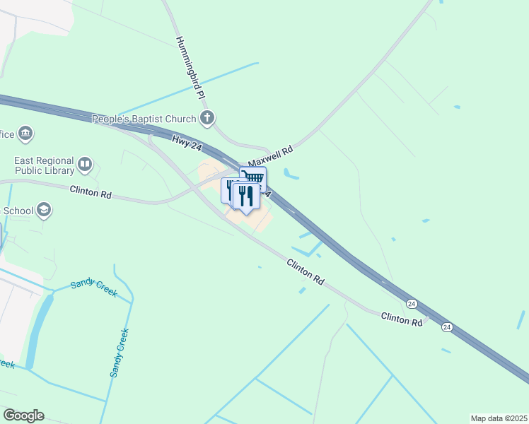 map of restaurants, bars, coffee shops, grocery stores, and more near 5191 Clinton Road in Stedman