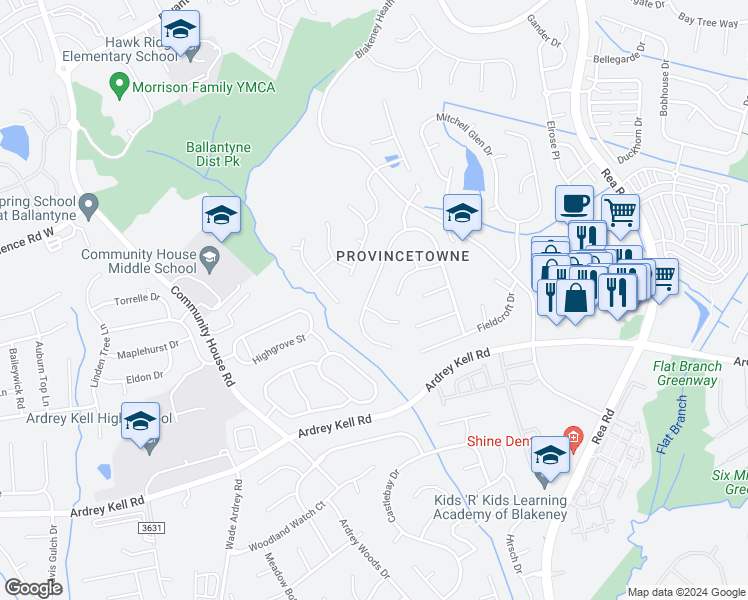 map of restaurants, bars, coffee shops, grocery stores, and more near 9322 Autumn Applause Drive in Charlotte