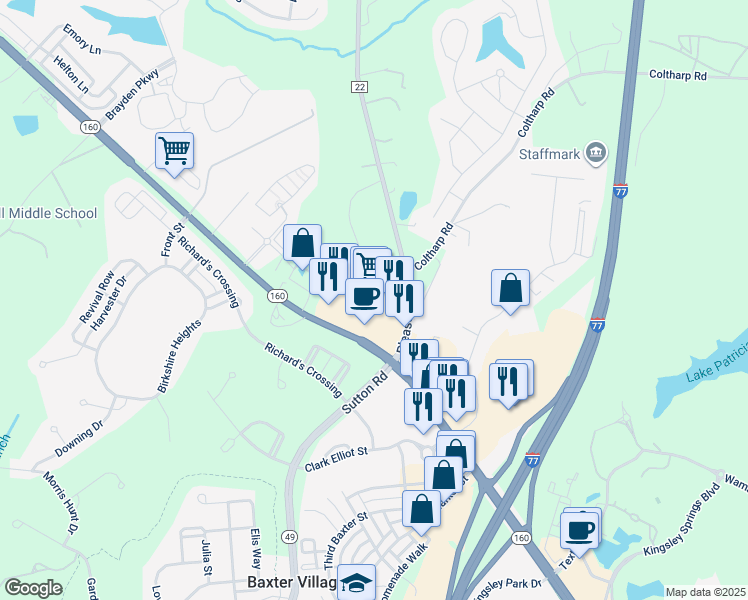 map of restaurants, bars, coffee shops, grocery stores, and more near 1750 Highway 160 in Fort Mill
