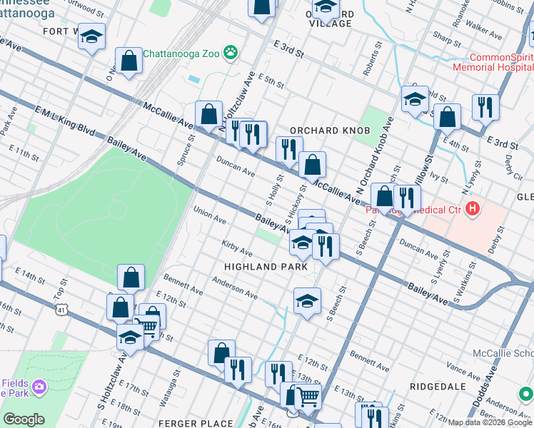 map of restaurants, bars, coffee shops, grocery stores, and more near 1602 Chamberlain Avenue in Chattanooga