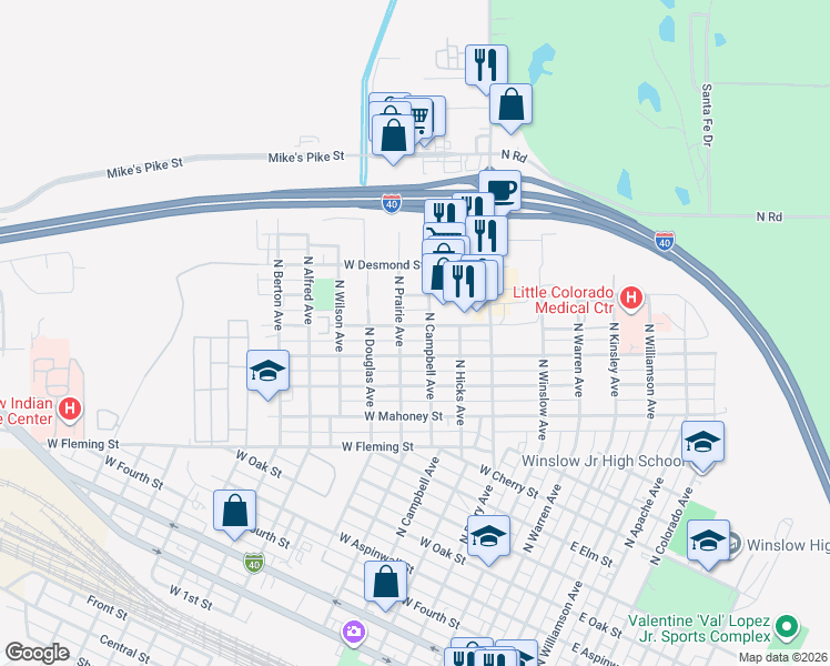 map of restaurants, bars, coffee shops, grocery stores, and more near 1501 North Prairie Avenue in Winslow