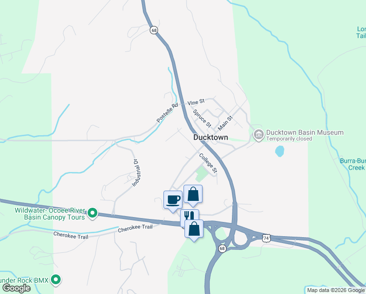 map of restaurants, bars, coffee shops, grocery stores, and more near 221-231 College St in Copperhill