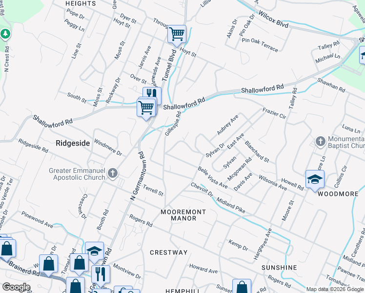 map of restaurants, bars, coffee shops, grocery stores, and more near 621 Sylvan Drive in Chattanooga