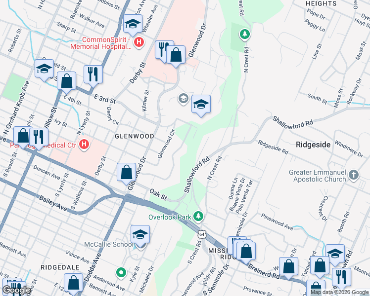 map of restaurants, bars, coffee shops, grocery stores, and more near 2712 Glenwood Parkway in Chattanooga