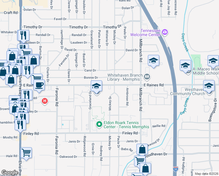 map of restaurants, bars, coffee shops, grocery stores, and more near 1557 East Raines Road in Memphis