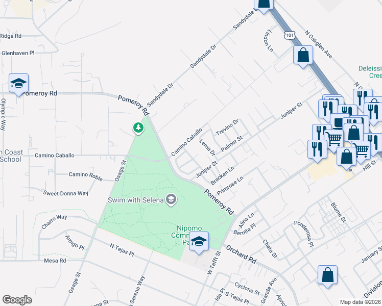 map of restaurants, bars, coffee shops, grocery stores, and more near 315 Alyssum Circle in Nipomo