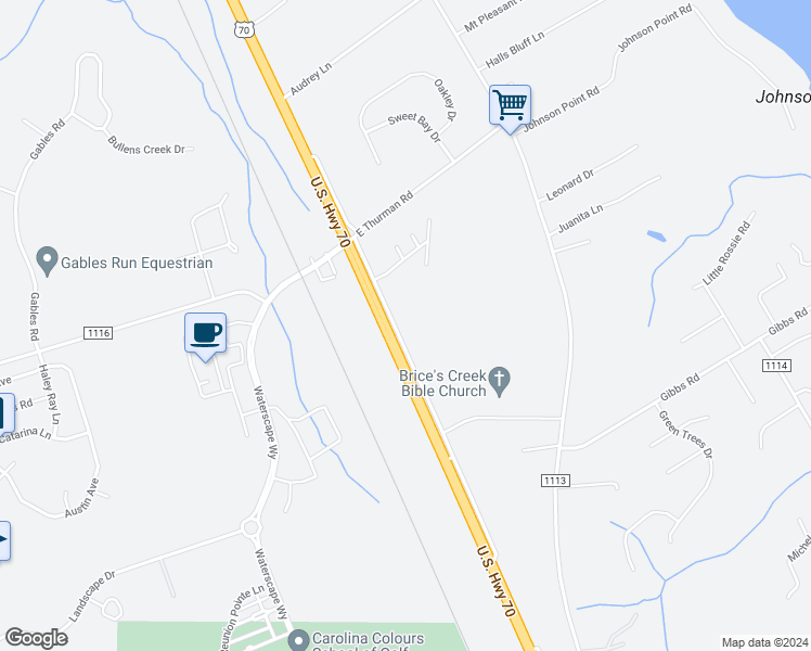 map of restaurants, bars, coffee shops, grocery stores, and more near 4014 U.S. 70 in New Bern