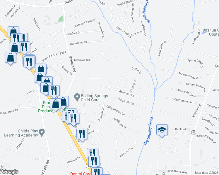 map of restaurants, bars, coffee shops, grocery stores, and more near 499 Gorham Drive in Boiling Springs
