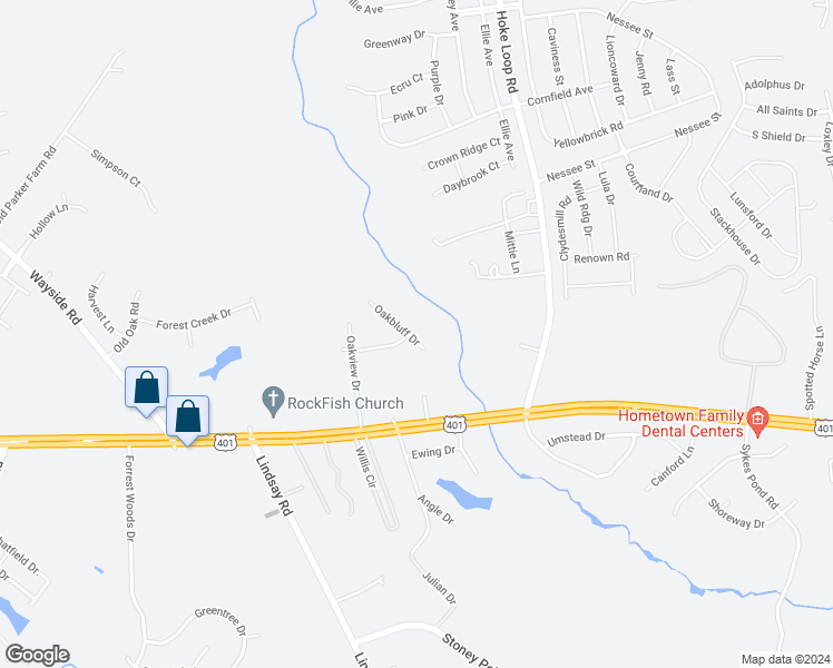 map of restaurants, bars, coffee shops, grocery stores, and more near 198 Oakbluff Drive in Raeford