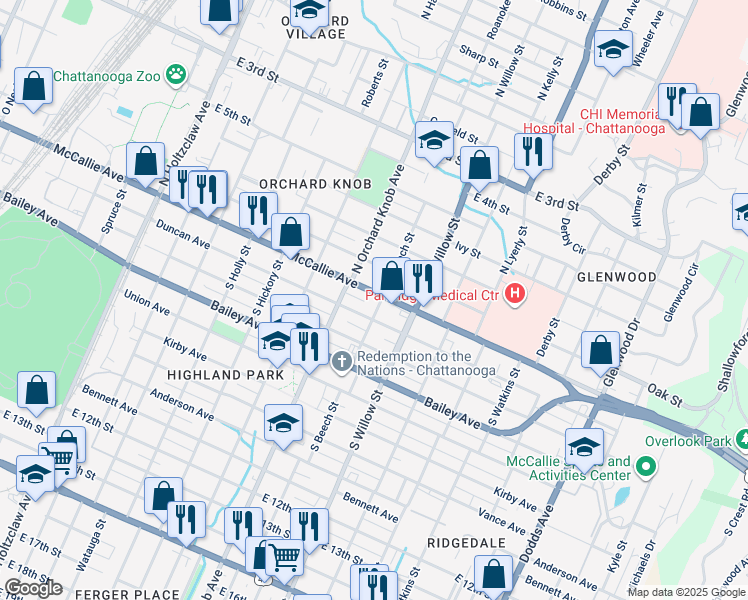 map of restaurants, bars, coffee shops, grocery stores, and more near 1914 McCallie Avenue in Chattanooga