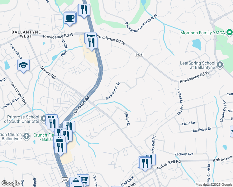 map of restaurants, bars, coffee shops, grocery stores, and more near 15555 Donnington Drive in Charlotte