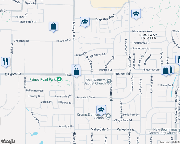 map of restaurants, bars, coffee shops, grocery stores, and more near 5984 Raintree Drive in Memphis