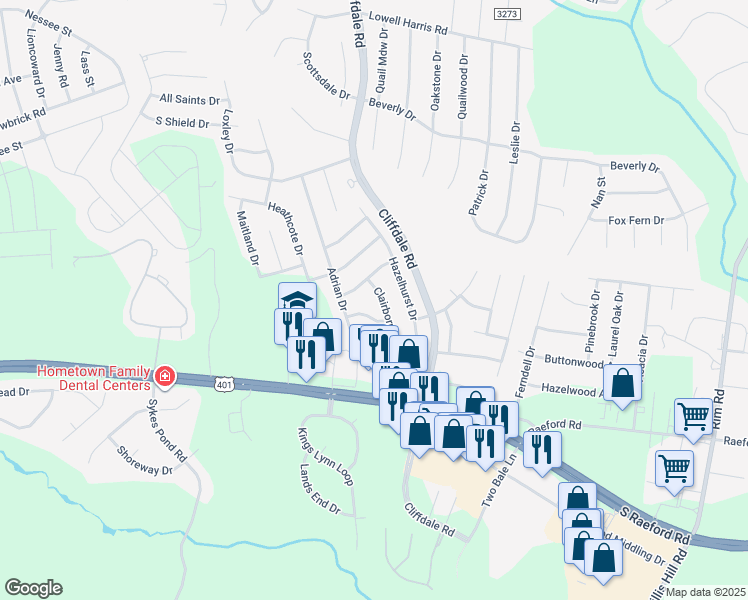 map of restaurants, bars, coffee shops, grocery stores, and more near 1664 Clairborne Drive in Fayetteville