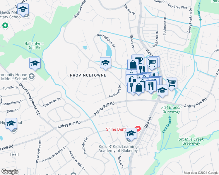 map of restaurants, bars, coffee shops, grocery stores, and more near 9706 Winged Trail Court in Charlotte