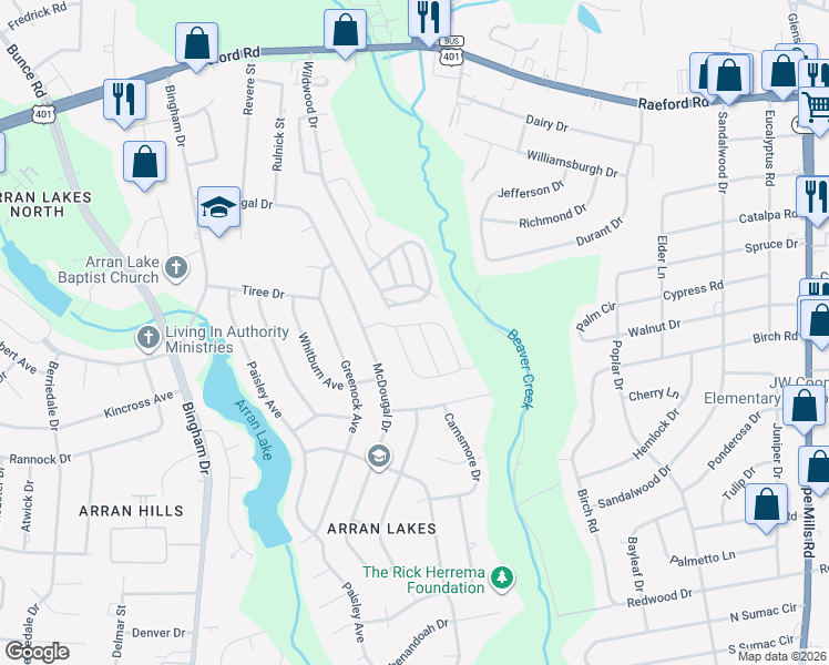map of restaurants, bars, coffee shops, grocery stores, and more near 5906 Aftonshire Drive in Fayetteville