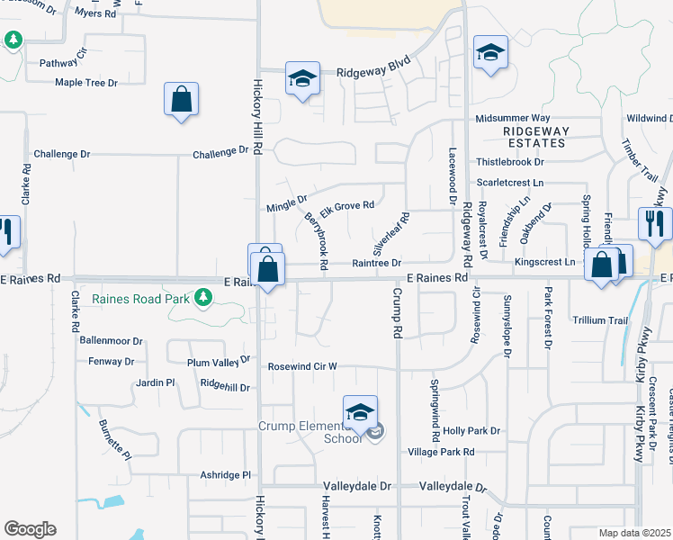 map of restaurants, bars, coffee shops, grocery stores, and more near 6033 Raintree Drive in Memphis