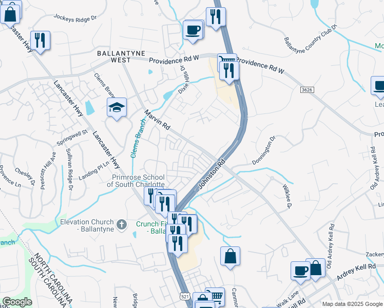 map of restaurants, bars, coffee shops, grocery stores, and more near 15709 Castle Watch Avenue in Charlotte