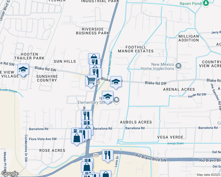 map of restaurants, bars, coffee shops, grocery stores, and more near 2660 South Valley Academy Road in Albuquerque
