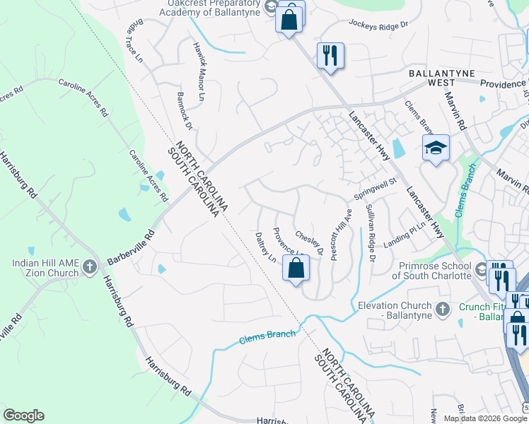 map of restaurants, bars, coffee shops, grocery stores, and more near 15104 Redwood Valley Ln in Charlotte