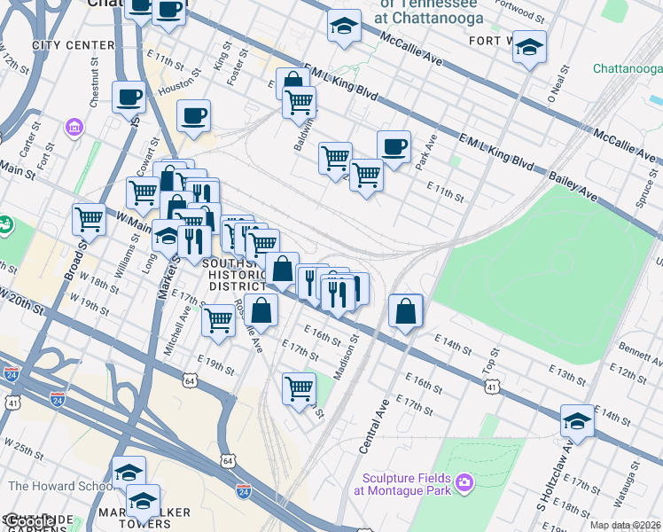 map of restaurants, bars, coffee shops, grocery stores, and more near 1383 Adams Street in Chattanooga