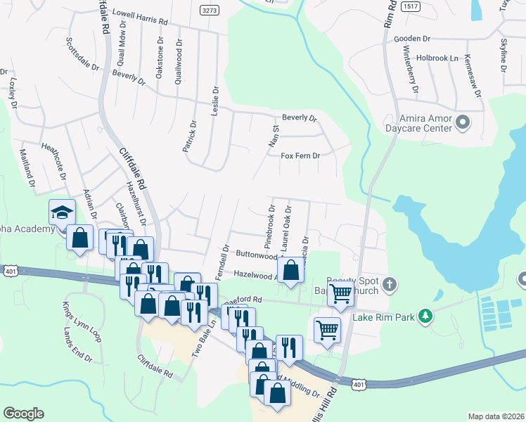 map of restaurants, bars, coffee shops, grocery stores, and more near 1508 Pinebrook Drive in Fayetteville