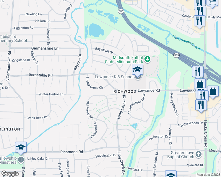 map of restaurants, bars, coffee shops, grocery stores, and more near 7625 Lowrance Road in Memphis
