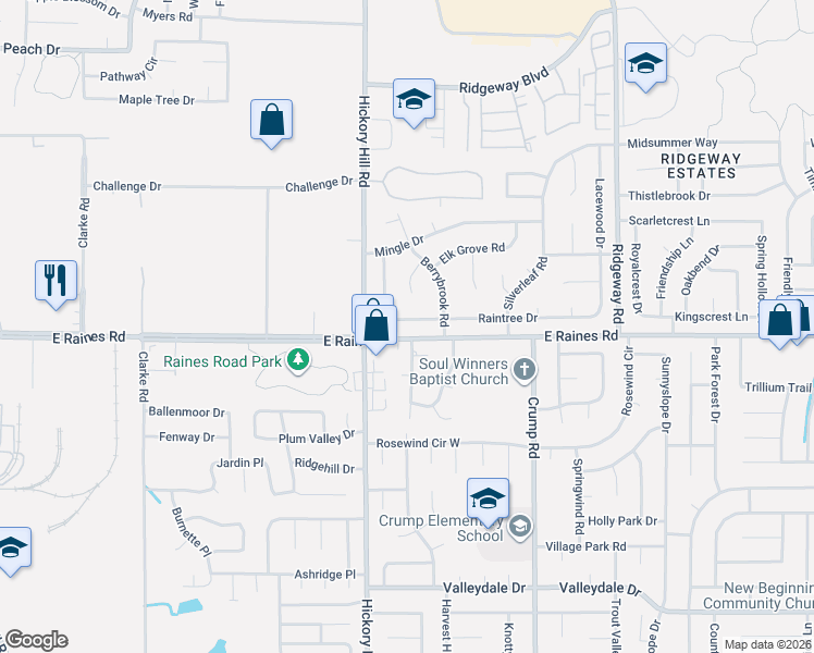 map of restaurants, bars, coffee shops, grocery stores, and more near 5955 Raintree Drive in Memphis