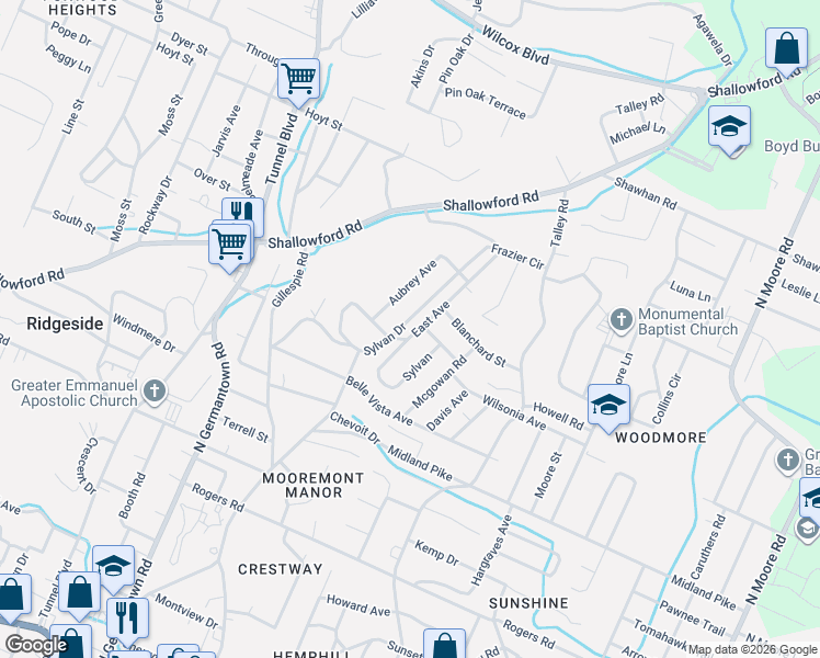 map of restaurants, bars, coffee shops, grocery stores, and more near 811 Sylvan Drive in Chattanooga