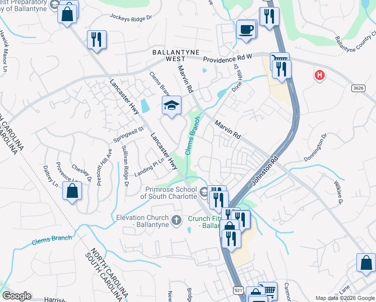 map of restaurants, bars, coffee shops, grocery stores, and more near 15436 Marvin Road in Charlotte