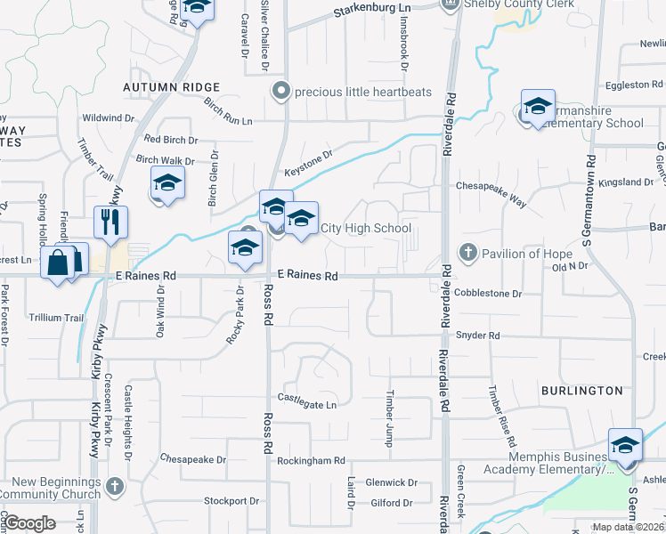 map of restaurants, bars, coffee shops, grocery stores, and more near 4150 Meadow Park Cove in Memphis