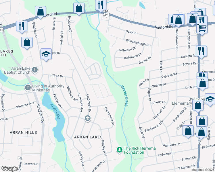 map of restaurants, bars, coffee shops, grocery stores, and more near 5858 Aftonshire Drive in Fayetteville