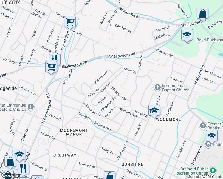 map of restaurants, bars, coffee shops, grocery stores, and more near 3902 Blanchard Street in Chattanooga