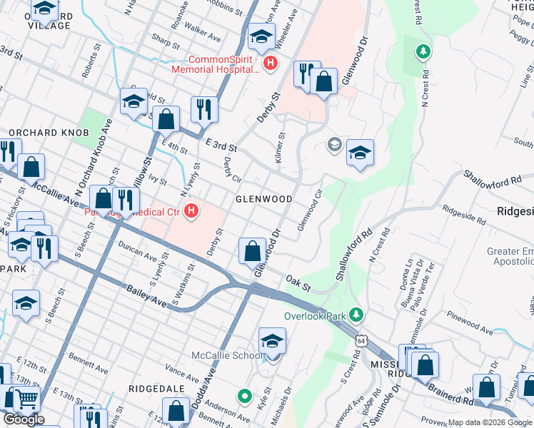 map of restaurants, bars, coffee shops, grocery stores, and more near 2508 East 5th Street in Chattanooga