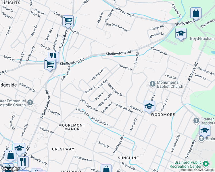 map of restaurants, bars, coffee shops, grocery stores, and more near 3902 Blanchard Street in Chattanooga