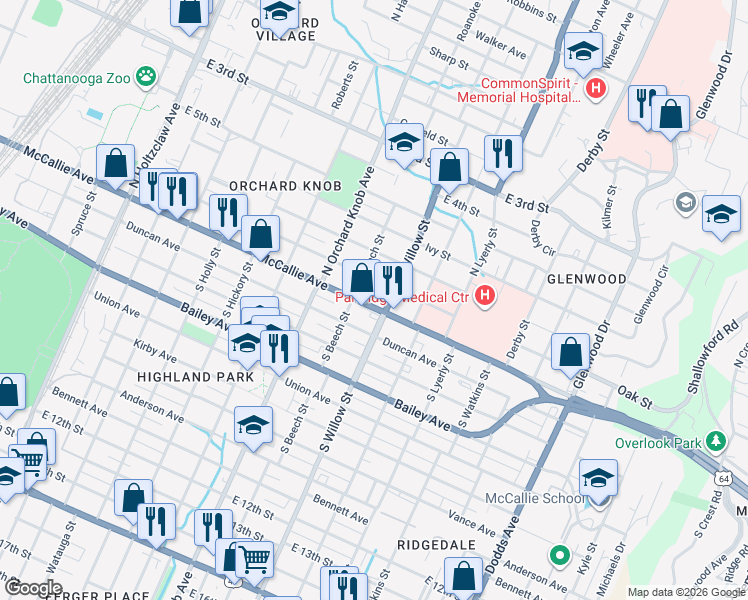 map of restaurants, bars, coffee shops, grocery stores, and more near 2010 Oak Street in Chattanooga