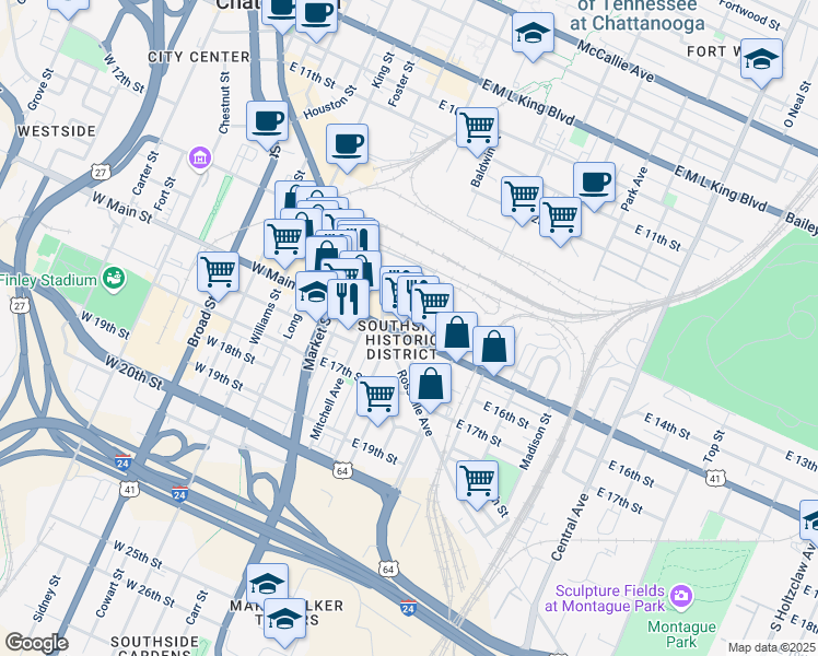 map of restaurants, bars, coffee shops, grocery stores, and more near in Chattanooga