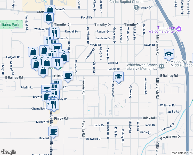 map of restaurants, bars, coffee shops, grocery stores, and more near 1381 East Raines Road in Memphis