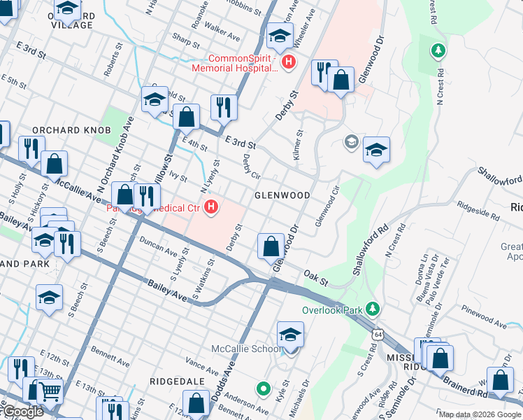 map of restaurants, bars, coffee shops, grocery stores, and more near 2407 Ivy Street in Chattanooga